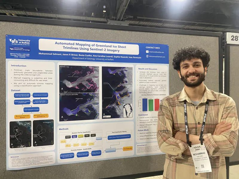 Mohammad Salmani, arms crossed, beside his poster “Automated Mapping of Greenland Ice Sheet Trimlines Using Sentinel-2 Imagery” at board 288.